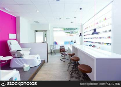 Nail saloon and pedicure chair spa modern with nail polish colorful in a row on white background