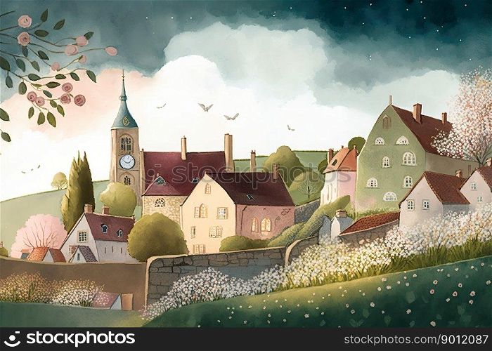 naive art watercolor of the quaint village  in the springtime  created by generative AI 