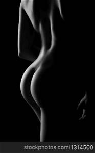 Naked body of female person, black and white, nu art, back view. Nude attractive girl, erotic undressed lady. Naked body of female person, nu art, back view