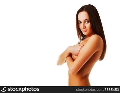 Naked brunette woman on white background
