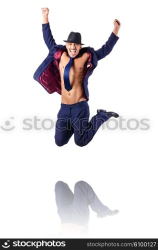 Naked businessman jumping on white