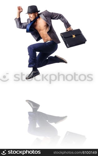 Naked businessman jumping on white