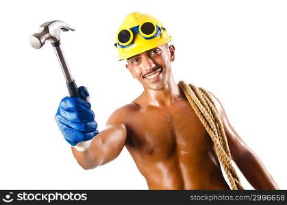 Naked construction worker on white