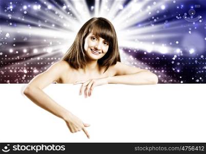 Naked girl with banner. Young attractive woman with blank banner. Place for text
