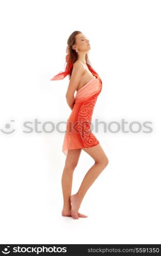 naked girl with red sarong over white background
