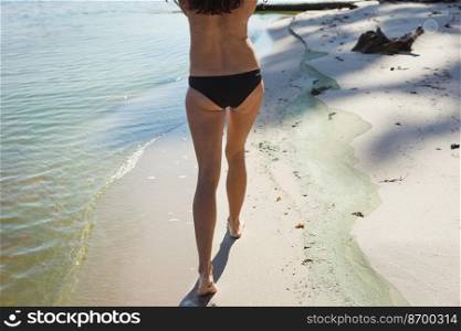 Naked lady walks along sea shore scenic photography. Summertime day. Picture of woman with sandy beach on background. High quality wallpaper. Photo concept for ads, travel blog, magazine, article. Naked lady walks along sea shore scenic photography