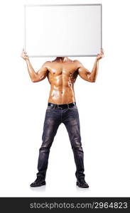 Naked man with blank board