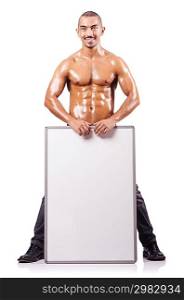 Naked man with blank board