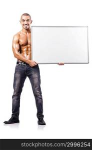 Naked man with blank board
