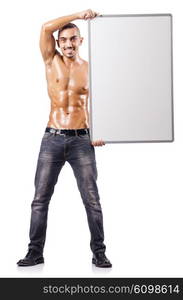 Naked man with blank board