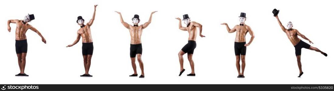 Naked muscular mime isolated on white