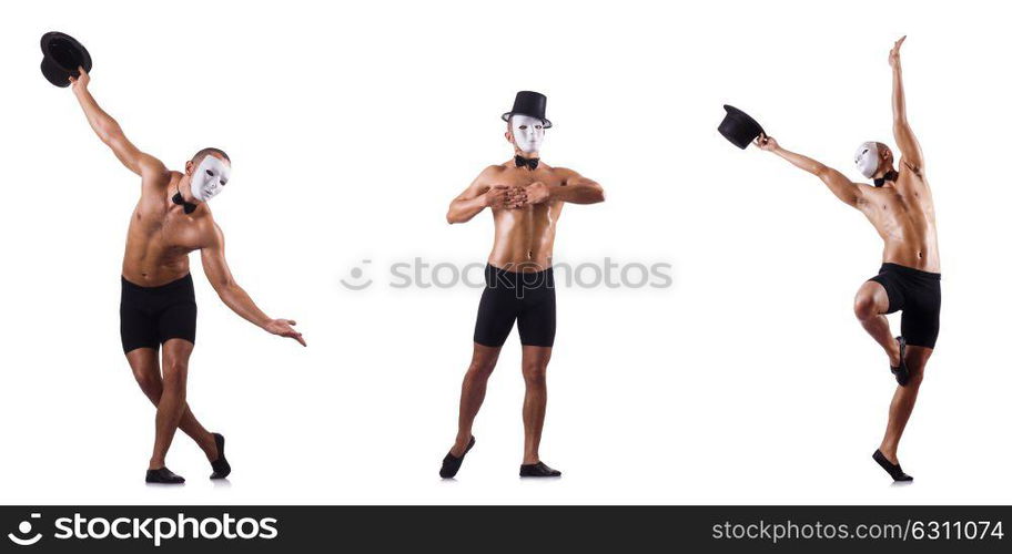 Naked muscular mime isolated on white