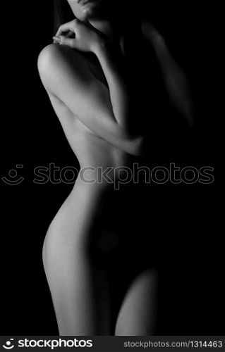 Naked sexy figure of female person, nu art. Nude woman, black and white silhouette of attractive girl, erotic seductive lady. Naked sexy figure of female person, nu art