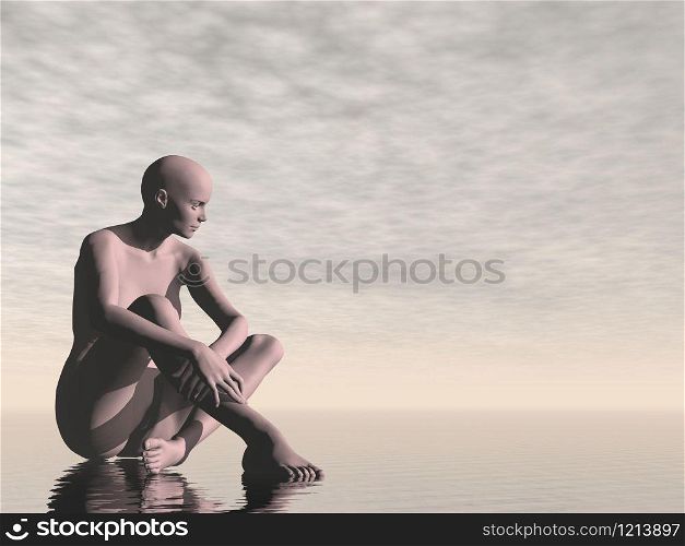 Naked woman seated and thinking by sunset light. Woman thinking - 3D render