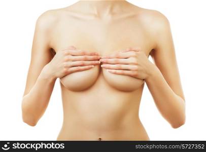 naked woman with hands on breasts on white background