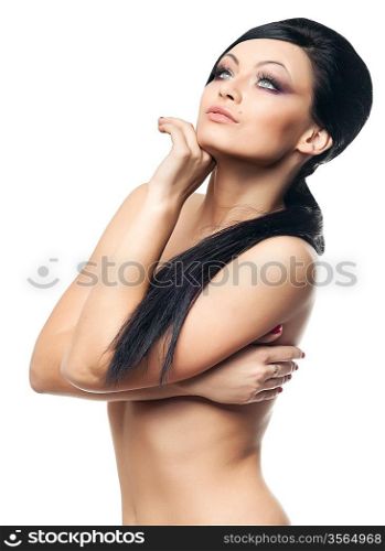 naked woman with long hair on white background