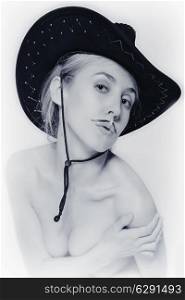 Naked women with mustache wearing cowboy hat on white background