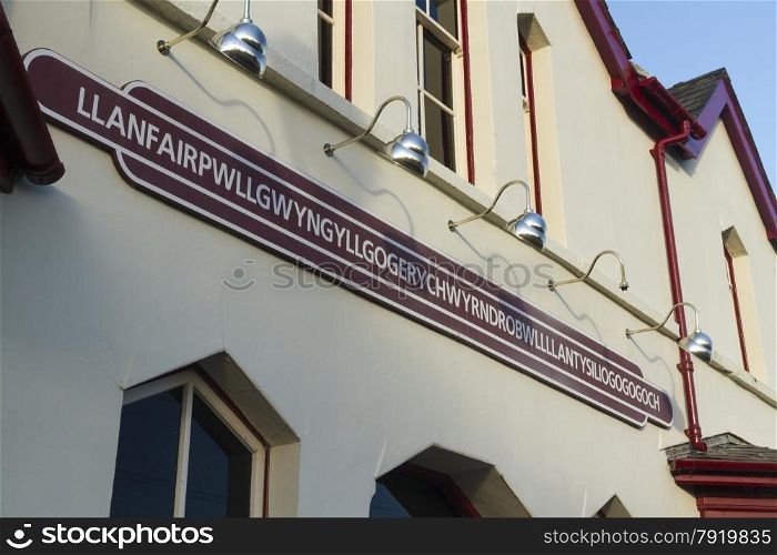 Name of Railway Station Llanfairpwllgwyngyllgogerychwyrndrobwllllantysiliogogogoc, Anglesey, Wales, United Kingdom.