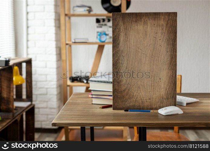 Name plate wood background at table in office. Class student home workplace