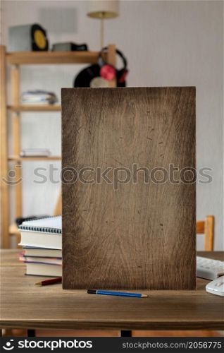 Name plate wood background at table in office. Student home workplace