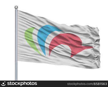 Namegata City Flag On Flagpole, Country Japan, Ibaraki Prefecture, Isolated On White Background. Namegata City Flag On Flagpole, Japan, Ibaraki Prefecture, Isolated On White Background