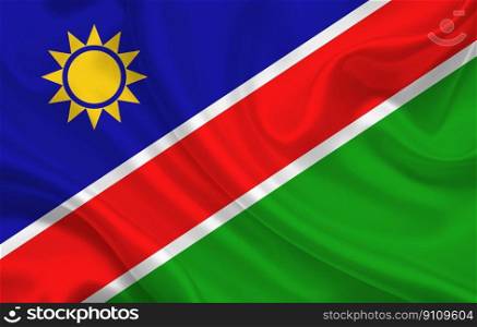 Namibia country flag on wavy silk fabric background panorama - illustration. Namibia country flag on wavy silk fabric background panorama
