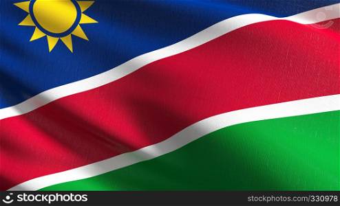 Namibia national flag blowing in the wind isolated. Official patriotic abstract design. 3D rendering illustration of waving sign symbol.