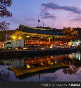 Namsangol traditional village and seoul tower at autumn color ,south korea.