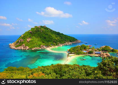 Nang Yuan island near Koh Tao in Suratthani is popular of tourist visit Thailand.dive,scuba.snorkeling into the beautiful sea and blue sky white cloud background.