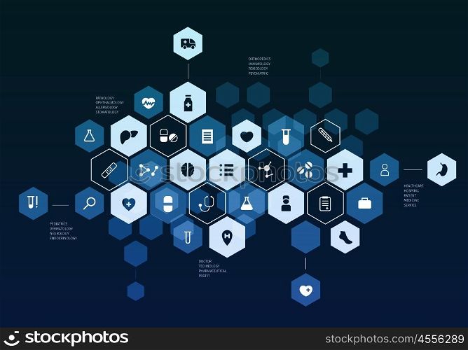 Nanotechnology medicine concept. Cell background with futuristic medicine interface elements