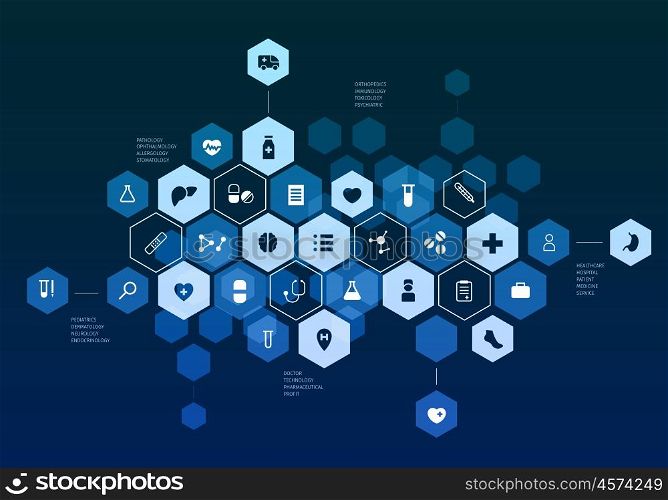 Nanotechnology medicine concept. Cell background with futuristic medicine interface elements