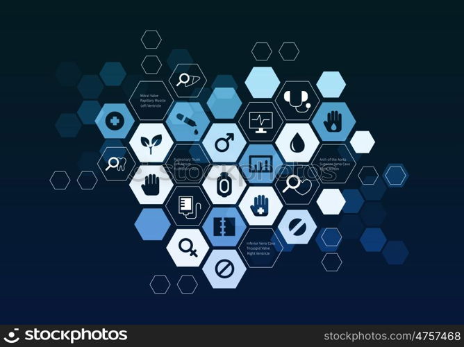 Nanotechnology medicine concept. Cell background with futuristic medicine interface elements