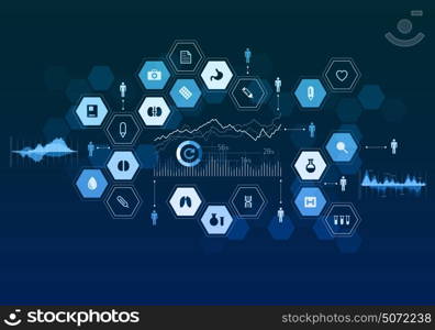 Nanotechnology medicine concept. Cell background with futuristic medicine interface elements