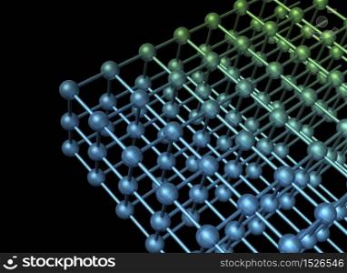 Nanotechnology particle 3D structure with atoms and bindings on dark background. Nanoparticle grid