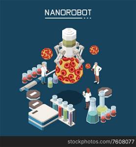 Nanotechnology research lab with bio structures integrating synthetic nanostructures as medical nanorobotics engine isometric composition vector illustration