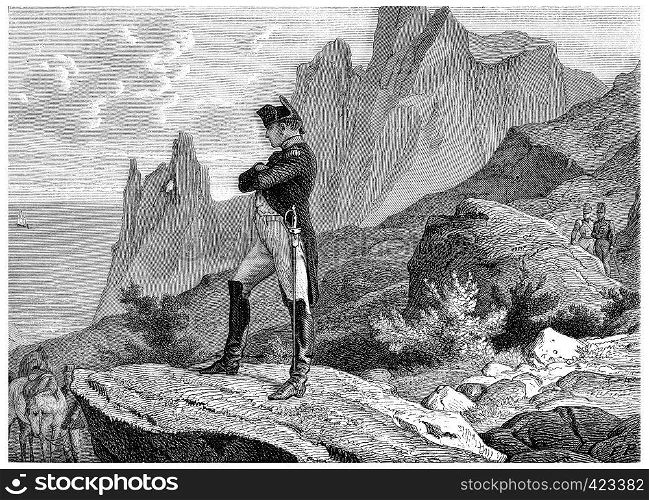 Napoleon at St. Helena, vintage engraved illustration. History of France ? 1885.