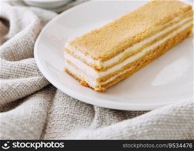 Napoleon cake slices on plate close up