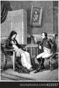 Napoleon looking at his mother before leaving the island of Elba, vintage engraved illustration. History of France ? 1885.