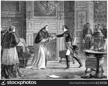 Napoleon visiting Pius VII at Fontainebleau, vintage engraved illustration. History of France ? 1885.