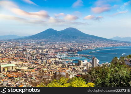 Napoli (Naples) and mount Vesuvius in the background at sunset in a summer day, Italy, Campania