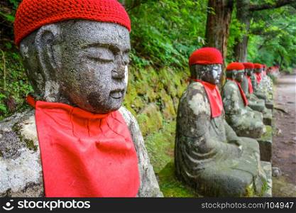 Narabi Jizo statues landmark in Kanmangafuchi abyss, Nikko, Japan. Narabi Jizo statues, Nikko, Japan