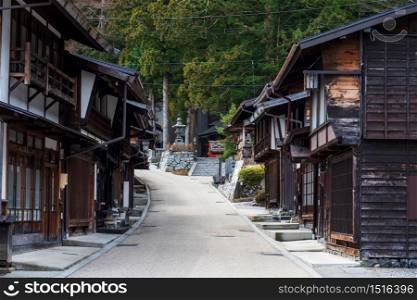 Narai-juku preserved historic post town and old houses near temple, Kiso valley, Shiojiri, Nagaano, Japan. Famous travel destination or landmark in Chubu.