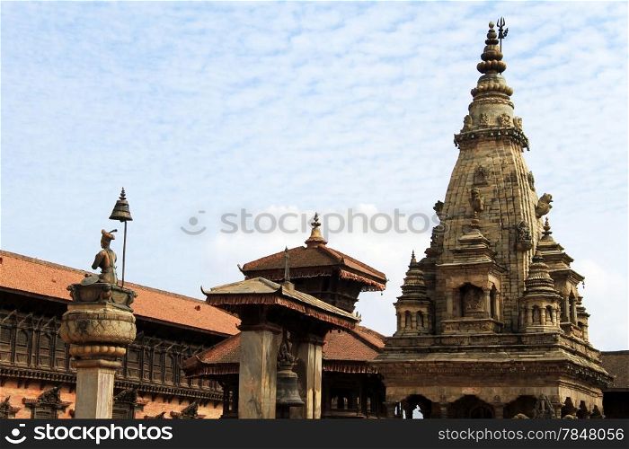 Narayan statue and temples on the Durbar square in Bhaktapur, Nepal