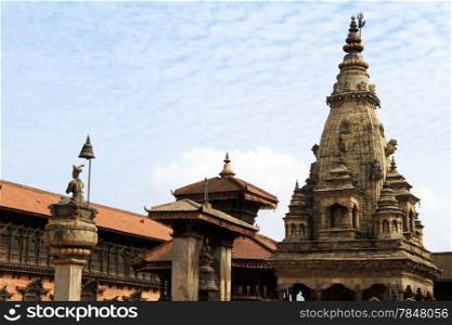Narayan statue and temples on the Durbar square in Bhaktapur, Nepal