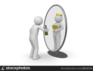 Narcissist - man with bottle king in mirror (3d isolated characters on white background series)