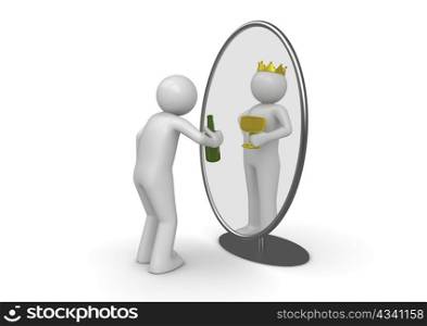 Narcissist - man with bottle king in mirror (3d isolated characters on white background series)