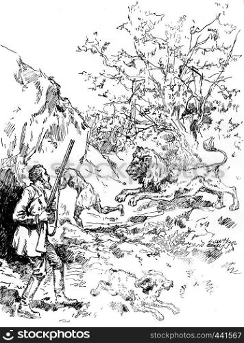 Narcissus Nicaise perilous adventures in the Congo. From a quantum leap he fell to the man, vintage engraved illustration. Journal des Voyage, Travel Journal, (1880-81).