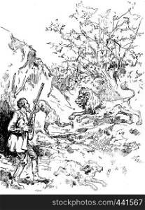 Narcissus Nicaise perilous adventures in the Congo. From a quantum leap he fell to the man, vintage engraved illustration. Journal des Voyage, Travel Journal, (1880-81).