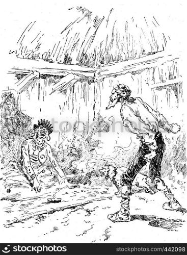 Narcissus Nicaise perilous adventures in the Congo. One screams and rushed another irritating, vintage engraved illustration. Journal des Voyage, Travel Journal, (1880-81).