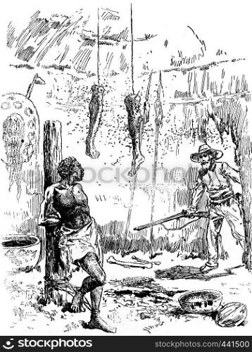 Narcissus Nicaise perilous adventures in the Congo. The man sees it as a supernatural apparition, vintage engraved illustration. Journal des Voyage, Travel Journal, (1880-81).